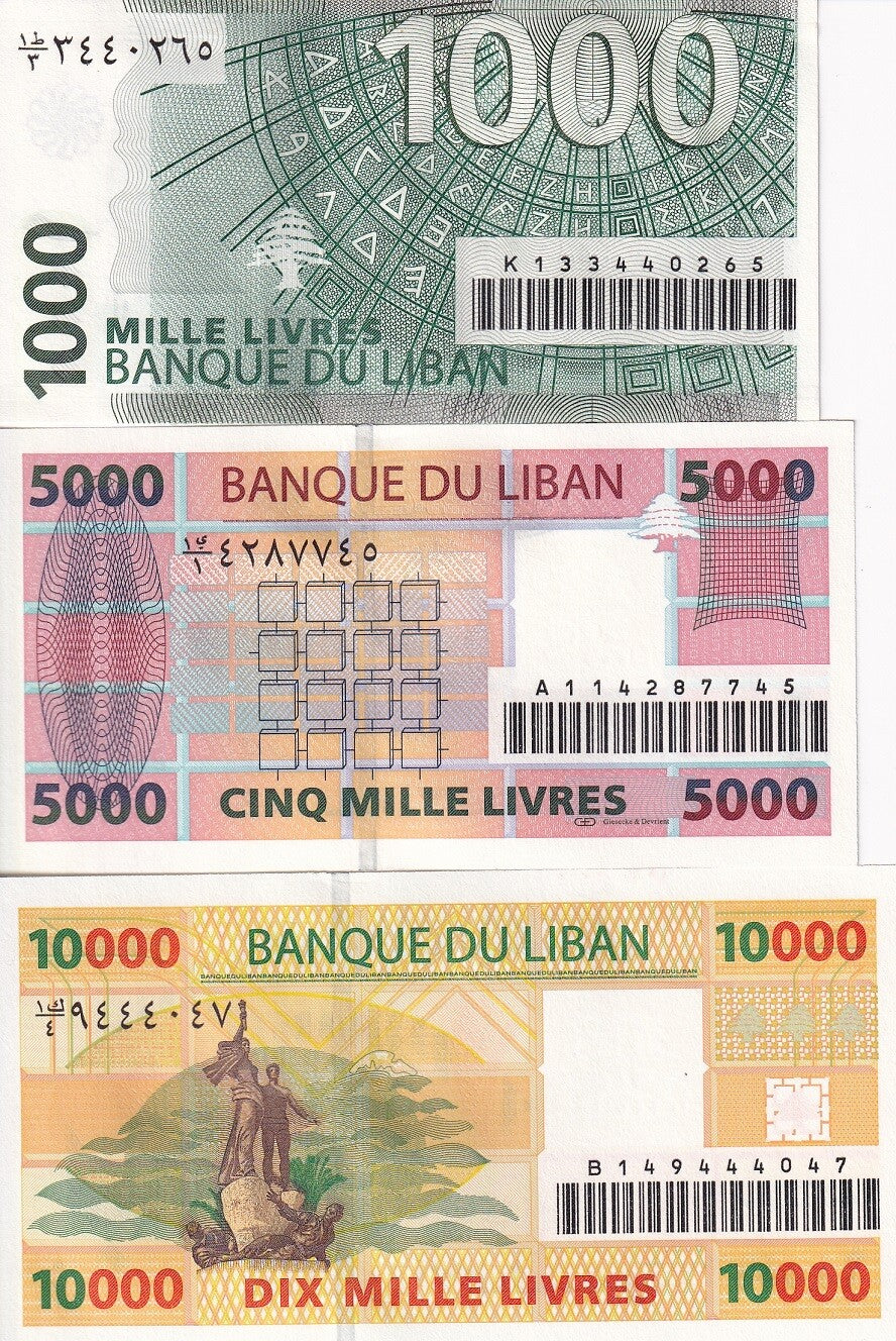 Lebanon Set 3 UNC 1000 5000 10000 Livres 2008 P 84 85 86 Alphabet development