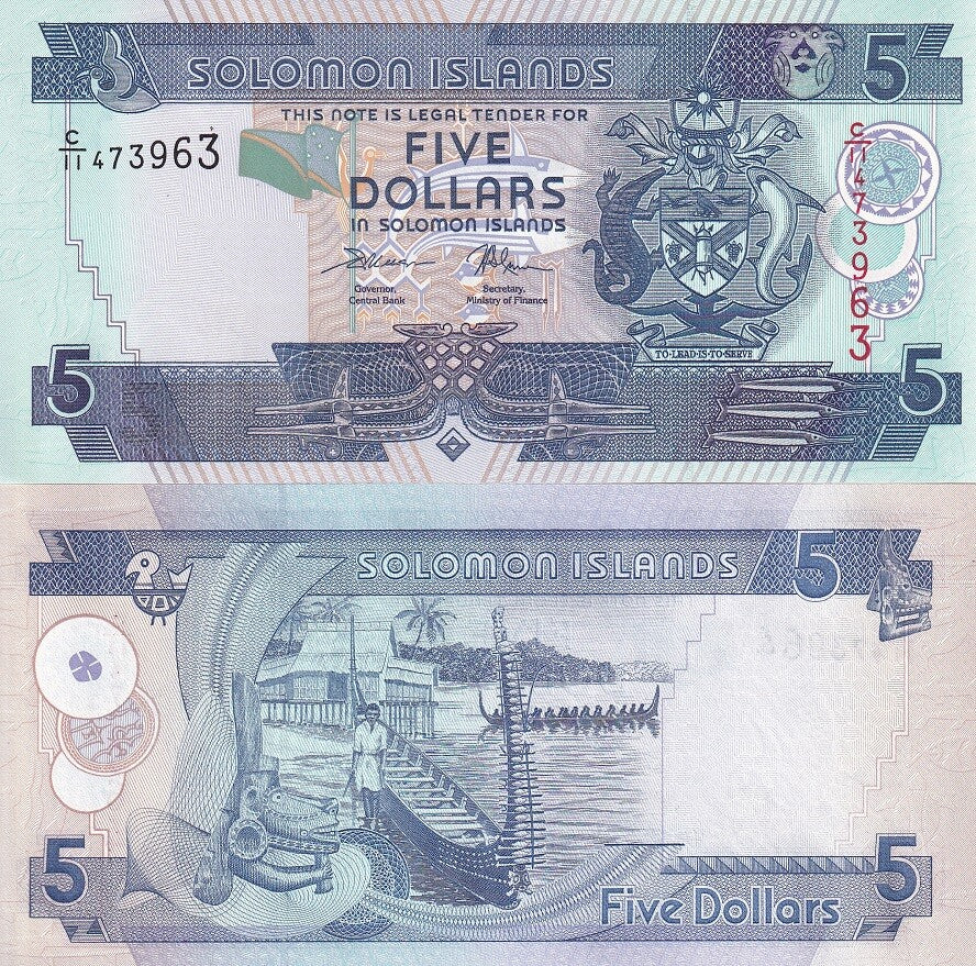 Solomon Islands 5 Dollars ND 2011 P 26 UNC ,Arms Longboat ,ascending size serial