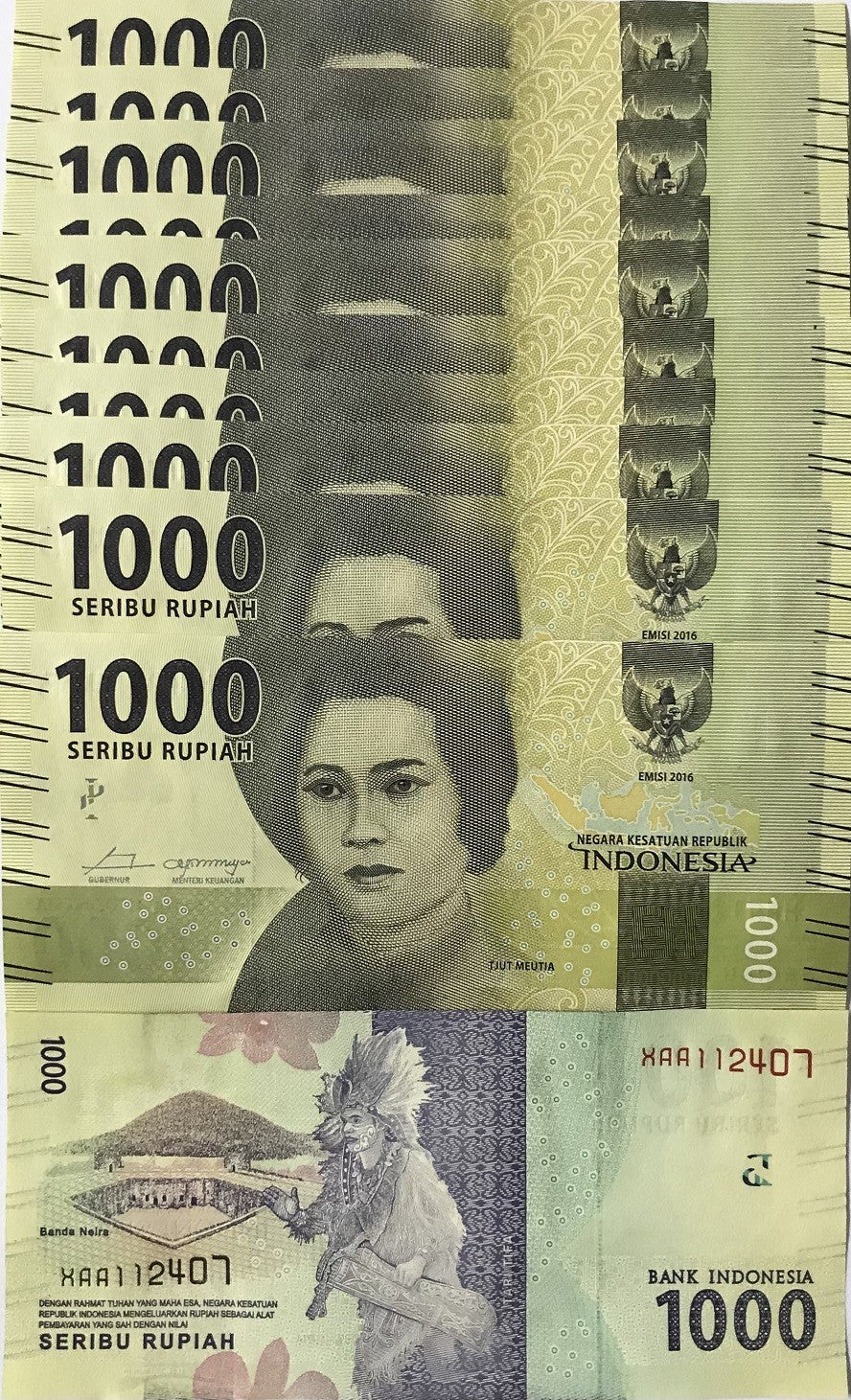 Indonesia 1000 Rupiah 2016 P 154 XAA Replacement LOT 10 UNC ,1/10 Bundle