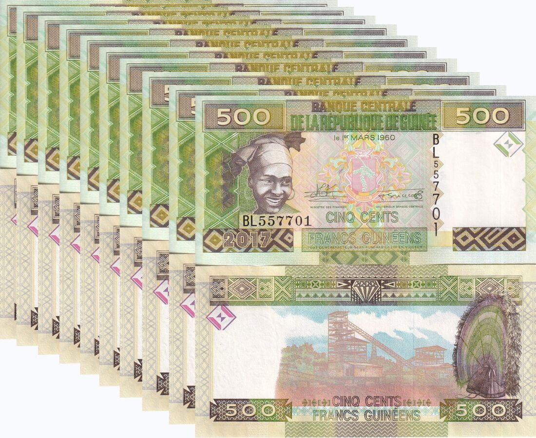 Guinea 500 Francs 2017 P 47 UNC LOT 10 PCS , Mining conveyor