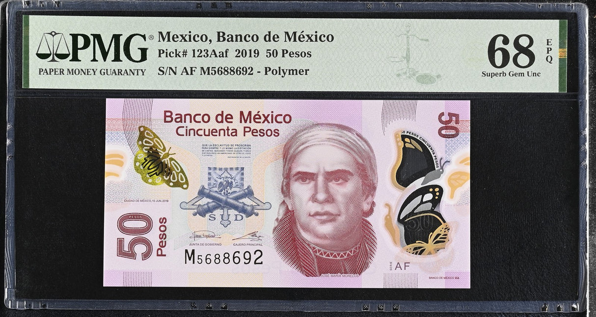 Mexico 50 Pesos 2019 P 123Aaf Polymer Superb Gem UNC PMG 68 EPQ TOP POP