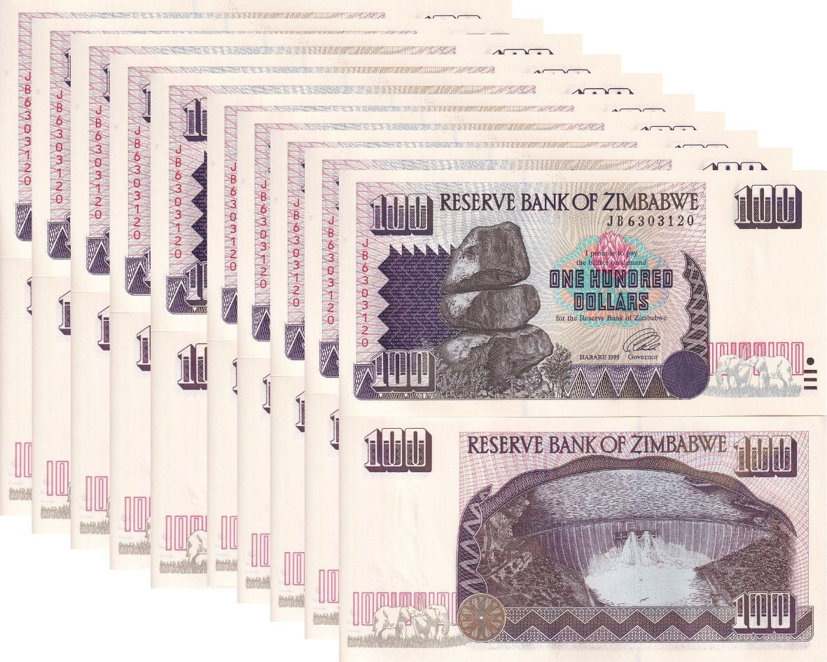 Zimbabwe 100 Dollars 1995 P 9 UNC LOT 10 PCS