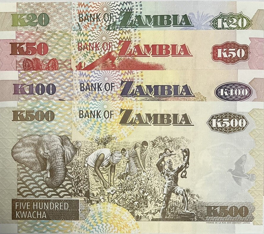 Zambia Set 4 Pcs 20 50 100 500 Kwacha Random Year P 36 37 38 39 UNC