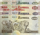 Zambia Set 4 Pcs 20 50 100 500 Kwacha Random Year P 36 37 38 39 UNC