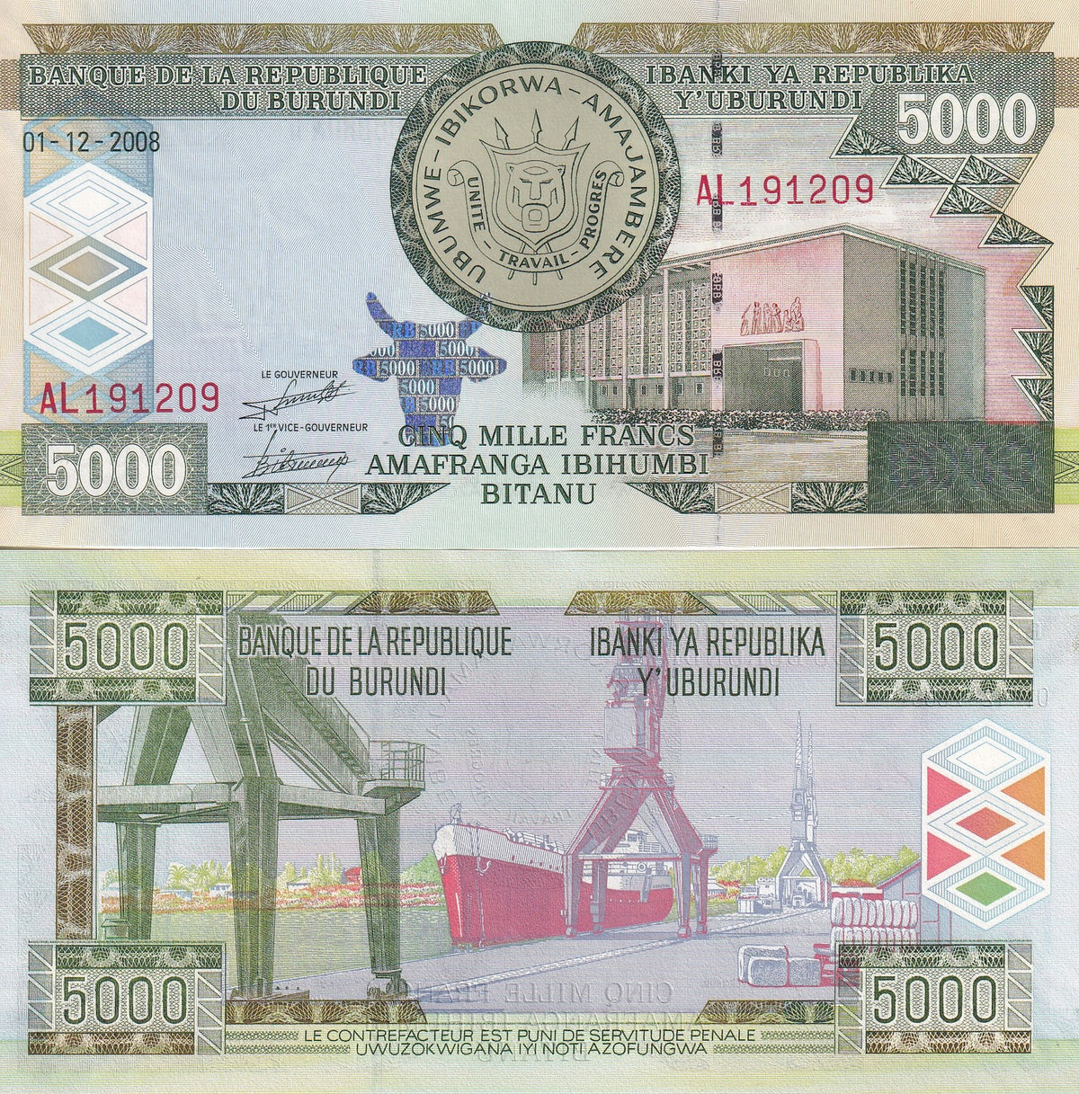 Burundi 5000 Francs 2008 P 48 a UNC , Arms, National Assembly