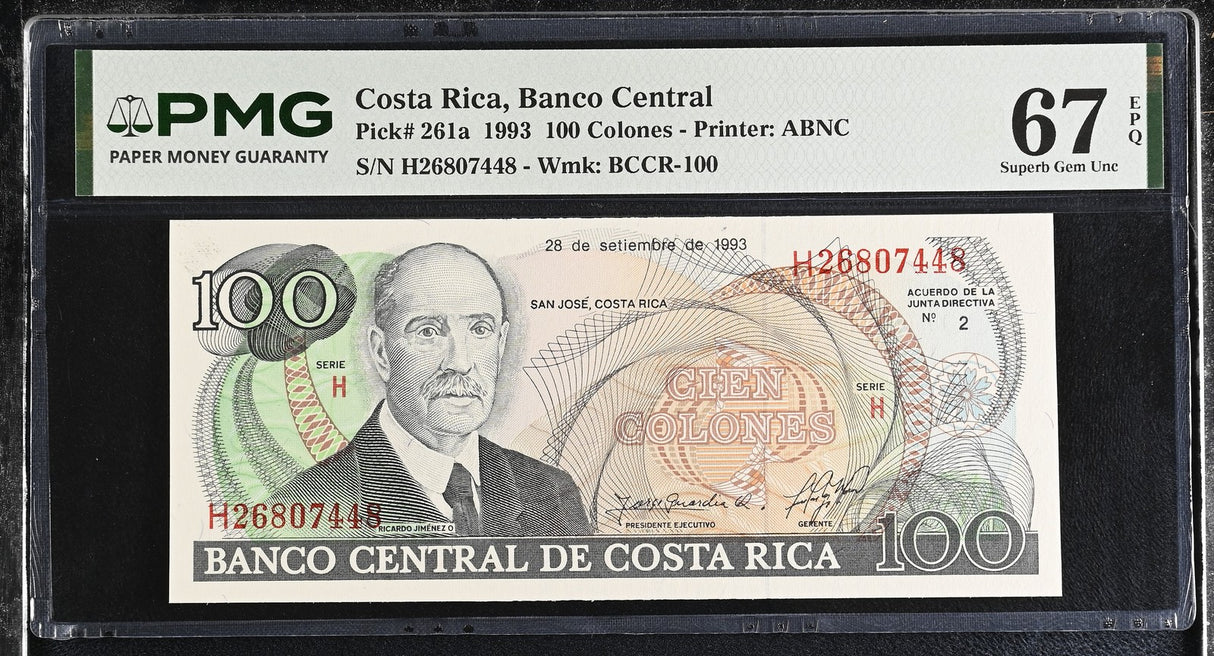 Costa Rica 100 Colones 1993 P 261 a Superb Gem UNC PMG 67 EPQ TOP POP