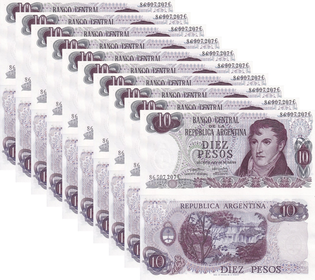 ARGENTINA 10 PESOS 1973 P 295 UNC LOT 10 PCS ,Iguazu waterfalls, Misiones