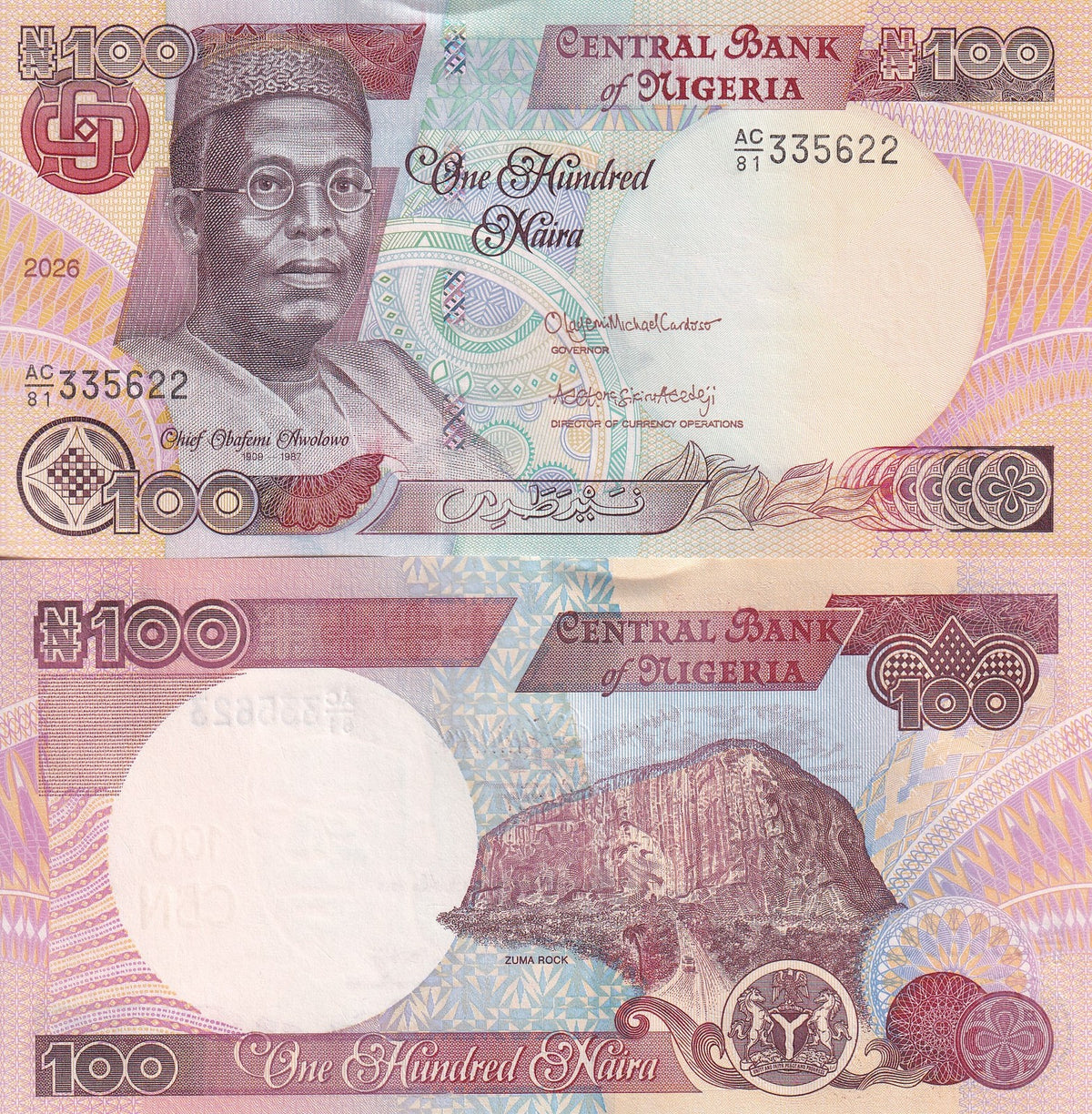 Nigeria 100 Naira 2026 P 28 UNC , Zuma Rock, Obafemi Awolowo