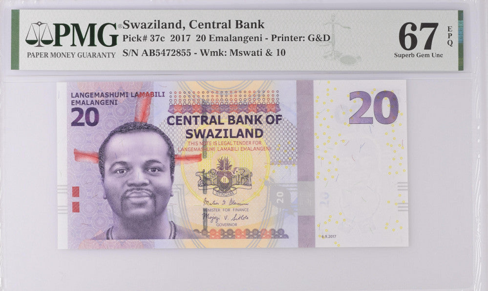 Swaziland 20 Emalangeni 2017 P 37 c Superb Gem UNC PMG 67 EPQ Top Pop