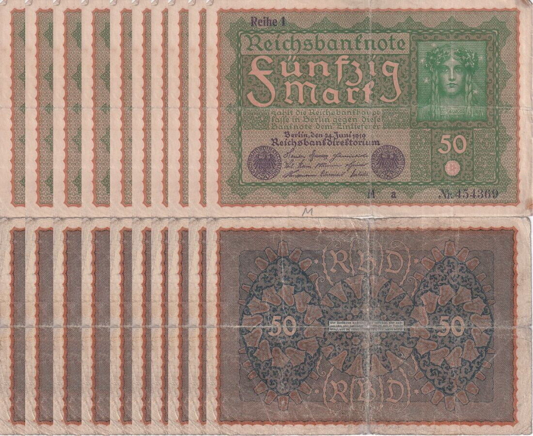 GERMANY 50 Mark 1919 P 66 USED / CIRCULATED LOT 10 PCS