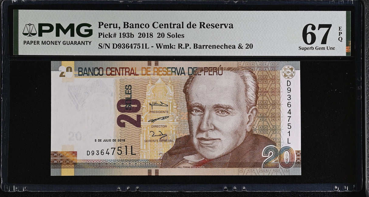 Peru 20 Soles 2018 P 193 b Superb Gem UNC PMG 67 EPQ , Graded note