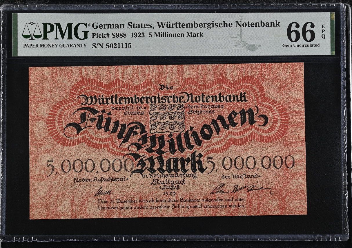 Germany 5 Millionen Mark 1923 P S988 Gem UNC PMG 66 EPQ