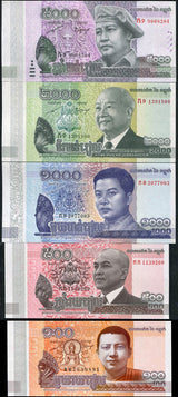 Cambodia Set 5 UNC 100 500 1000 2000 5000 RIELS 2015-2017 P 64 65 66 67 68 COMM.