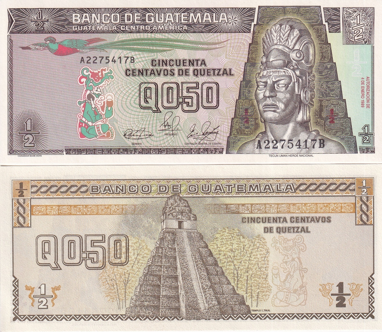 Guatemala 1/2 Half Quetzal 50 centavos 1989 P 72 a UNC ,Tikal temple