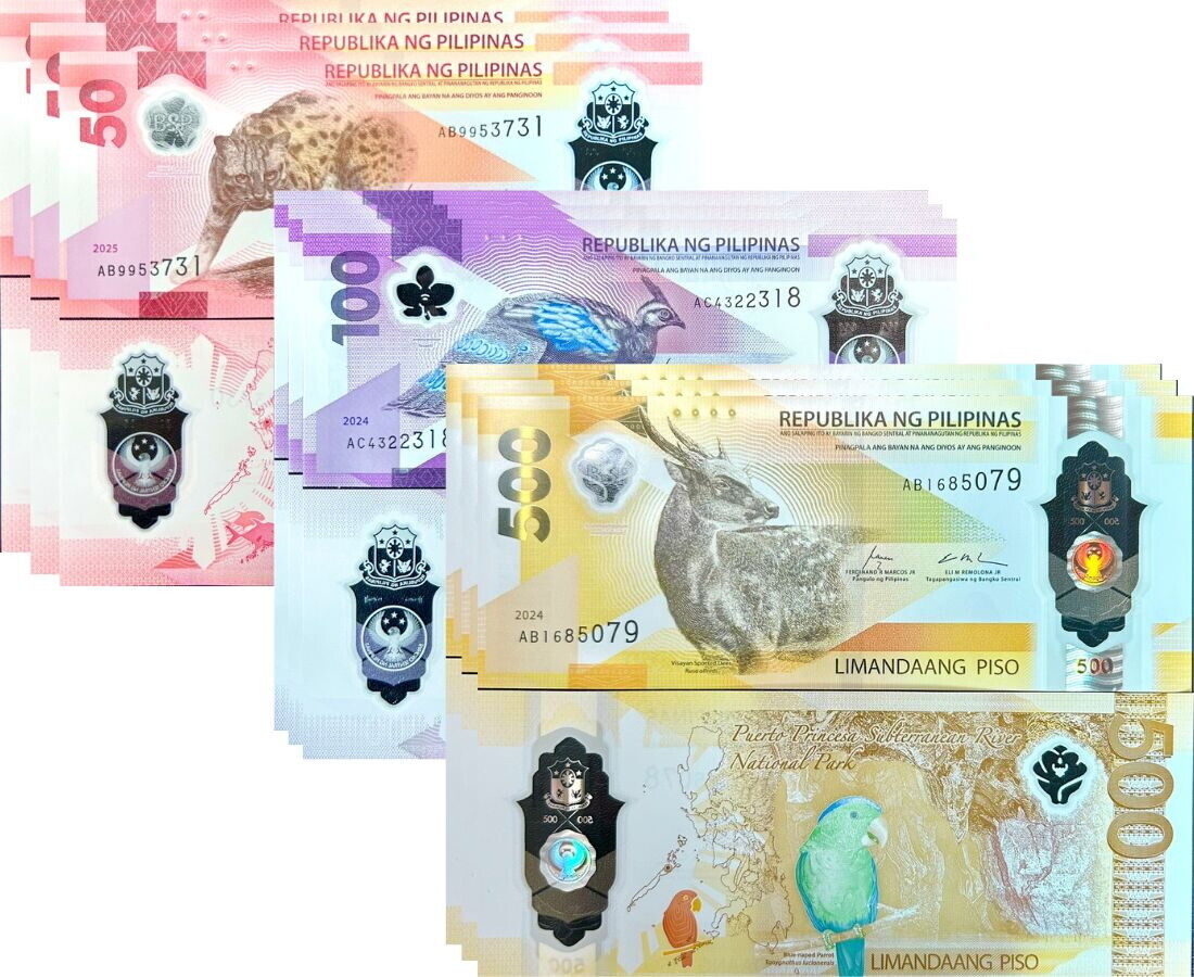 Philippines SET 3 x 3 LOTS = 9 UNC 50 100 500 Piso 2025/2024 Leopard Polymer NEW