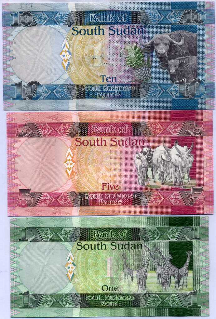 South Sudan Set 3 Pcs 1 5 10 Pounds ND 2011 P 5 6 7 UNC ,Giraffes, cattle