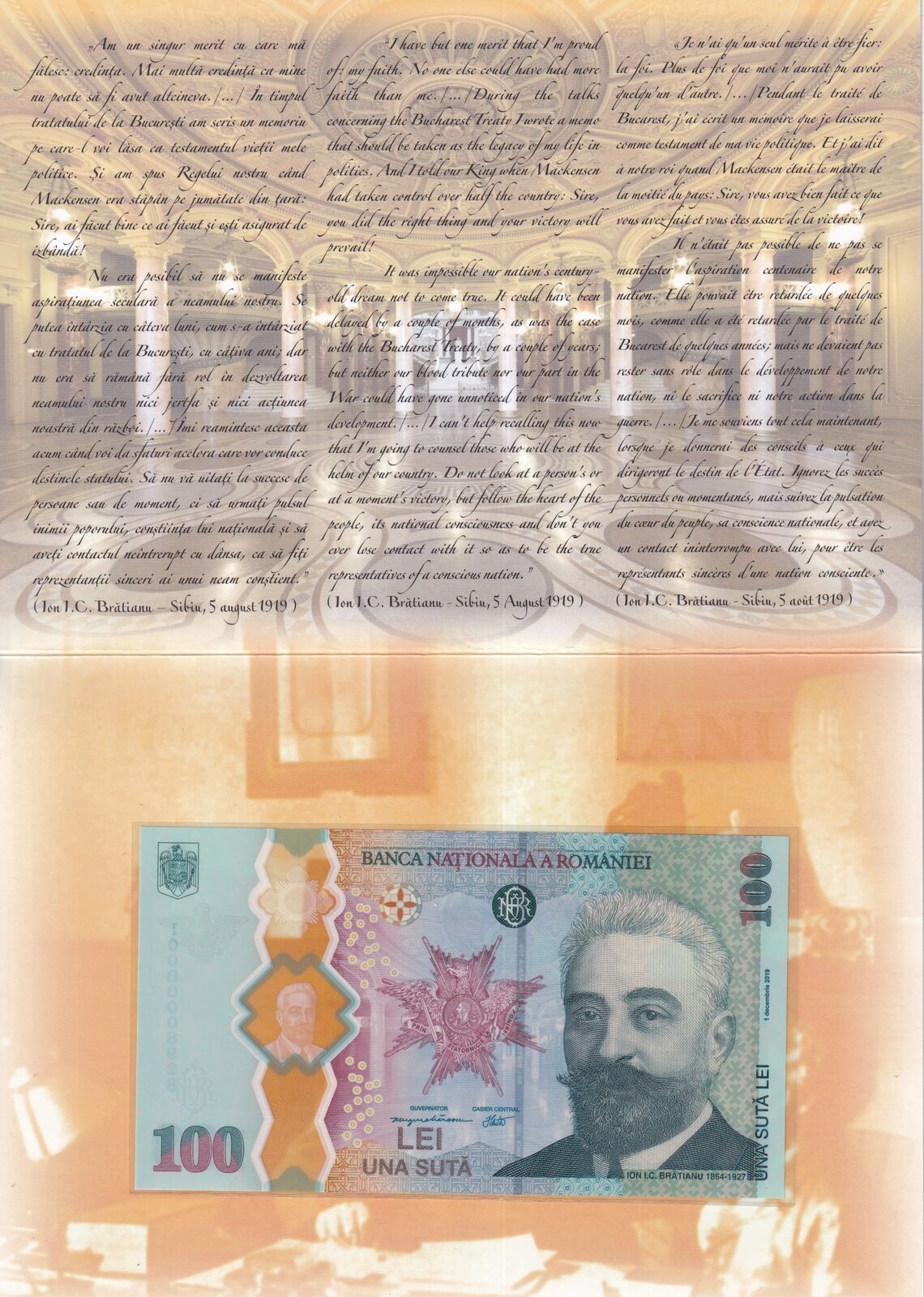 Romania 100 Lei 2019 Comm. P 125 Polymer UNC w/Folder