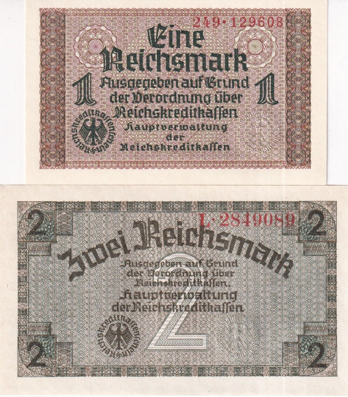 Germany Set 2 PCS 1 2 Reichsmark 1940 - 1945 P R136 P R137 UNC