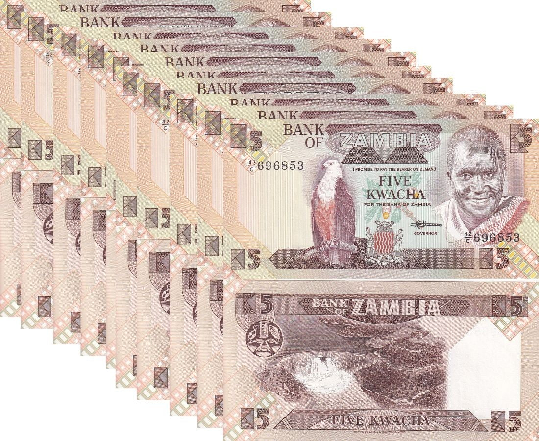 Zambia 5 Kwacha ND 1980-1988 P 25 d UNC LOT 10 PCS Fish eagle, Kariba dam