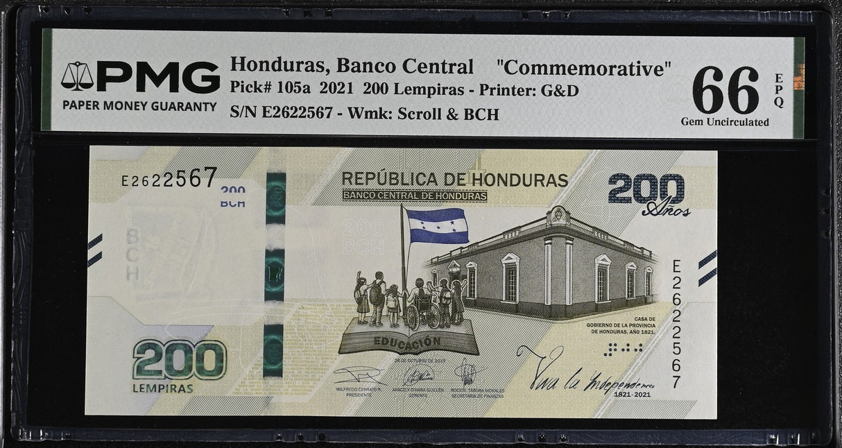Honduras 200 Lempiras 2021 P 105 a Commemorative Gem UNC PMG 66 EPQ