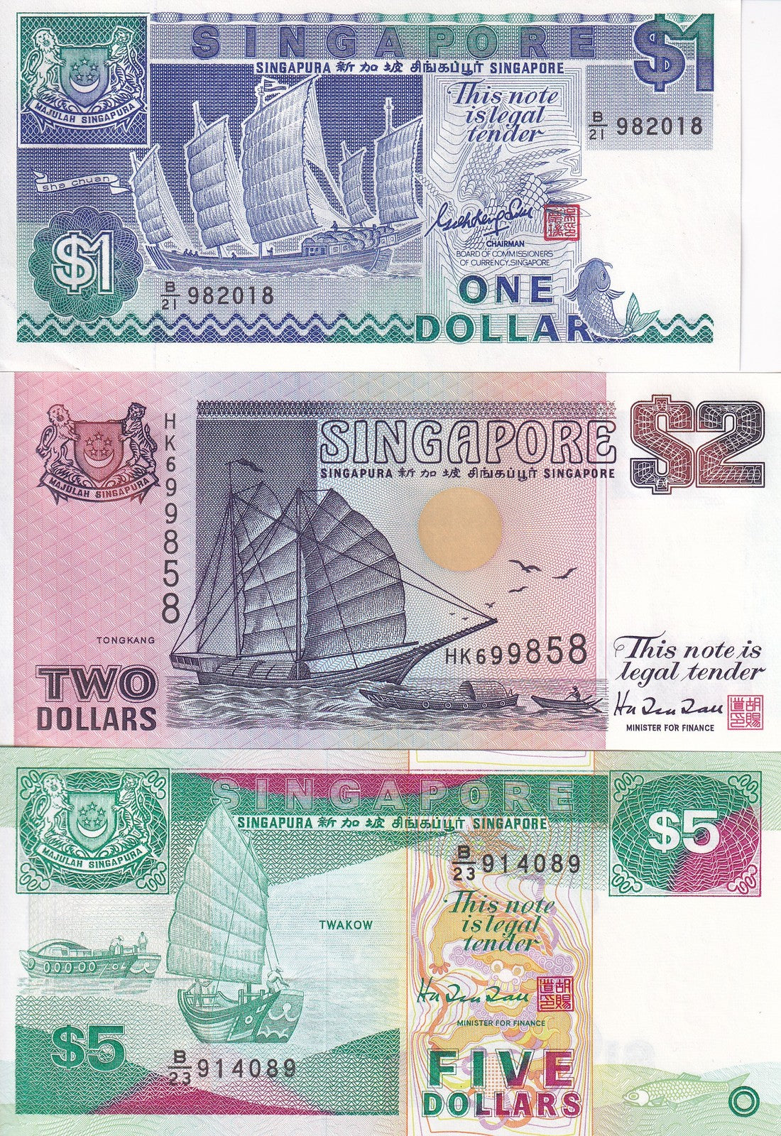 Singapore Set 3 UNC 1 2 5 Dollar ND 1987 - 1997 P 18 a 28 P 35 Boat Ship