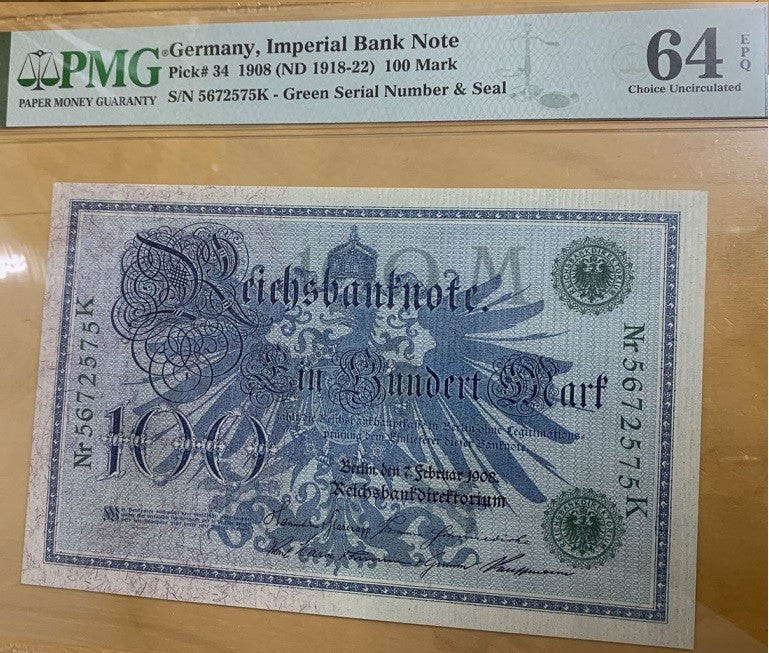 Germany Reichsbank 100 Mark 1908 ND 1918-1922 P 34 Choice UNC PMG 64 EPQ