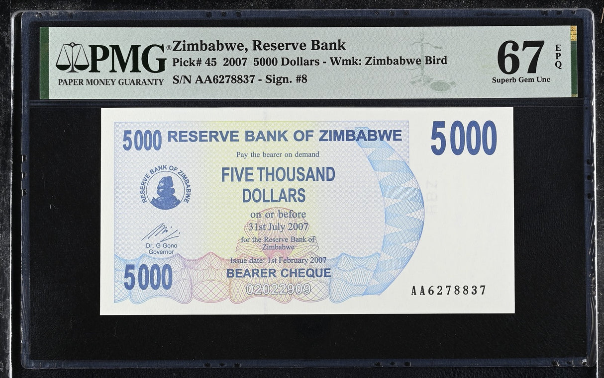 Zimbabwe 5000 Dollar 2007 P 45 Superb Gem UNC PMG 67 EPQ