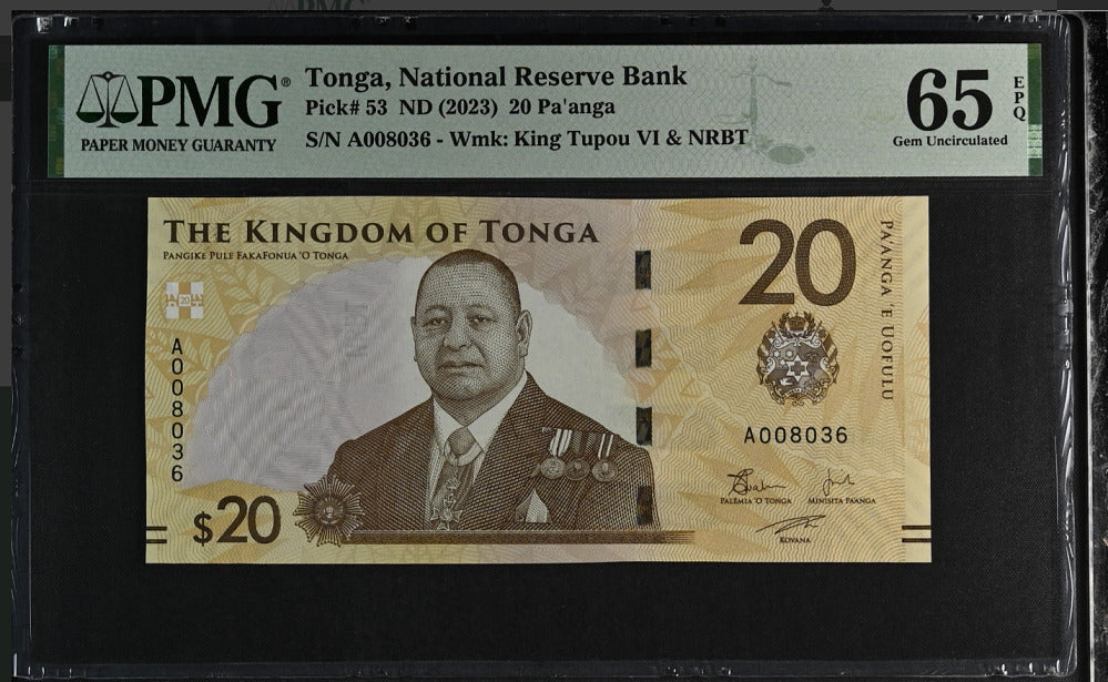 Tonga 20 Pananga ND 2023 P 53 Gem UNC PMG 65 EPQ