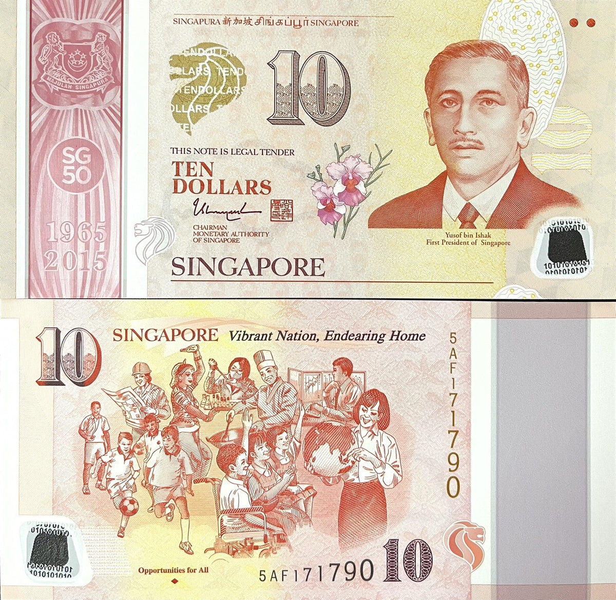 Singapore 10 Dollars ND 2015 P 57 a Polymer Comm. Opportunities UNC