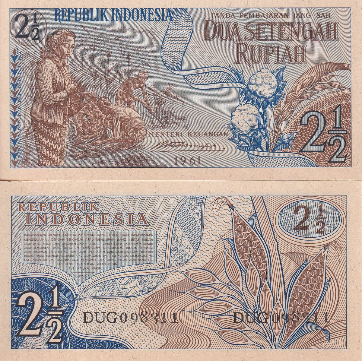 Indonesia 2.5 , 2 1/2 Rupiah 1961 P 79 UNC ,Little Age Tone ,Woman, cotton