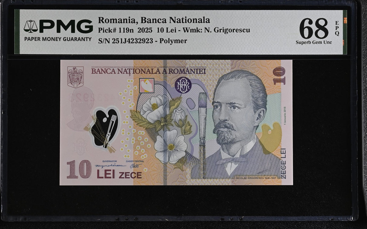 Romania 10 Lei 2025 P 119 n POLYMER Superb Gem UNC PMG 68 EPQ