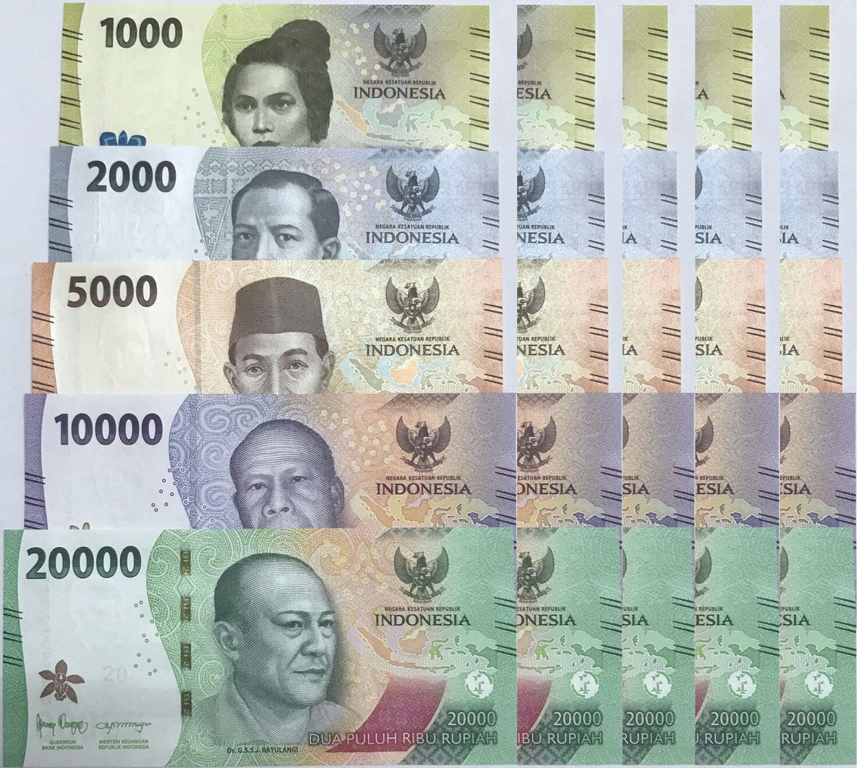 Indonesia Set 5 X LOT 5=25 UNC 1000 2000 5000-20000 Rupiah 2022 P 162-165 166