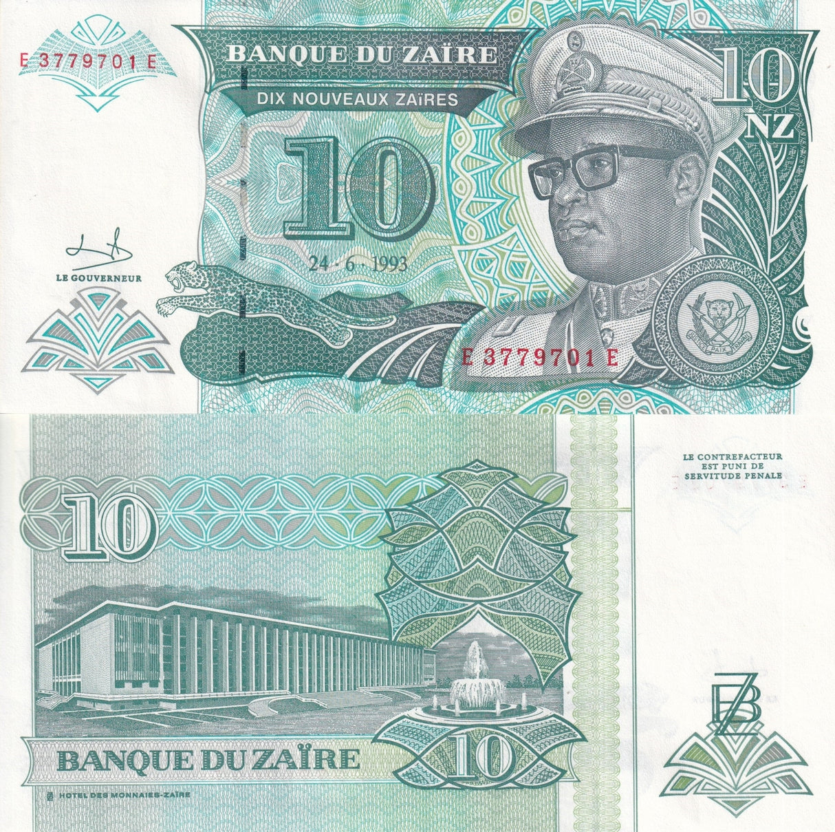 Zaire 10 Nouveaux Zaires 1993 HDMZ P 55 UNC