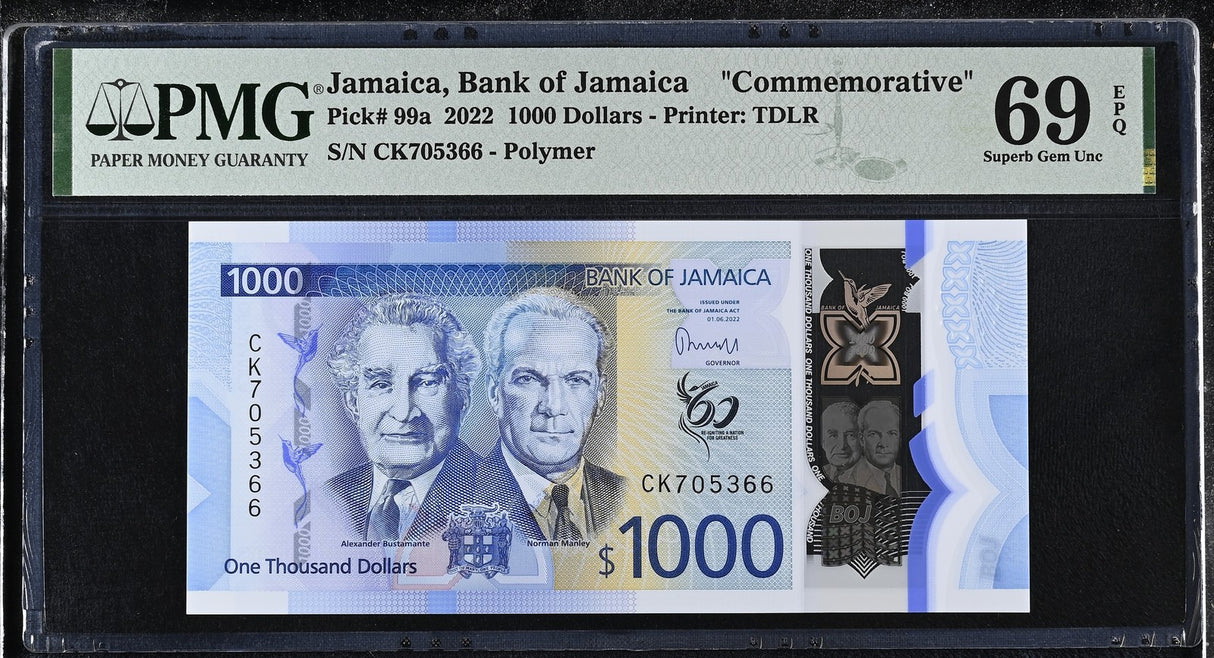 Jamaica 1000 Dollars 2022 P 99 a Polymer Commemorative Superb Gem UNC PMG 69 EPQ