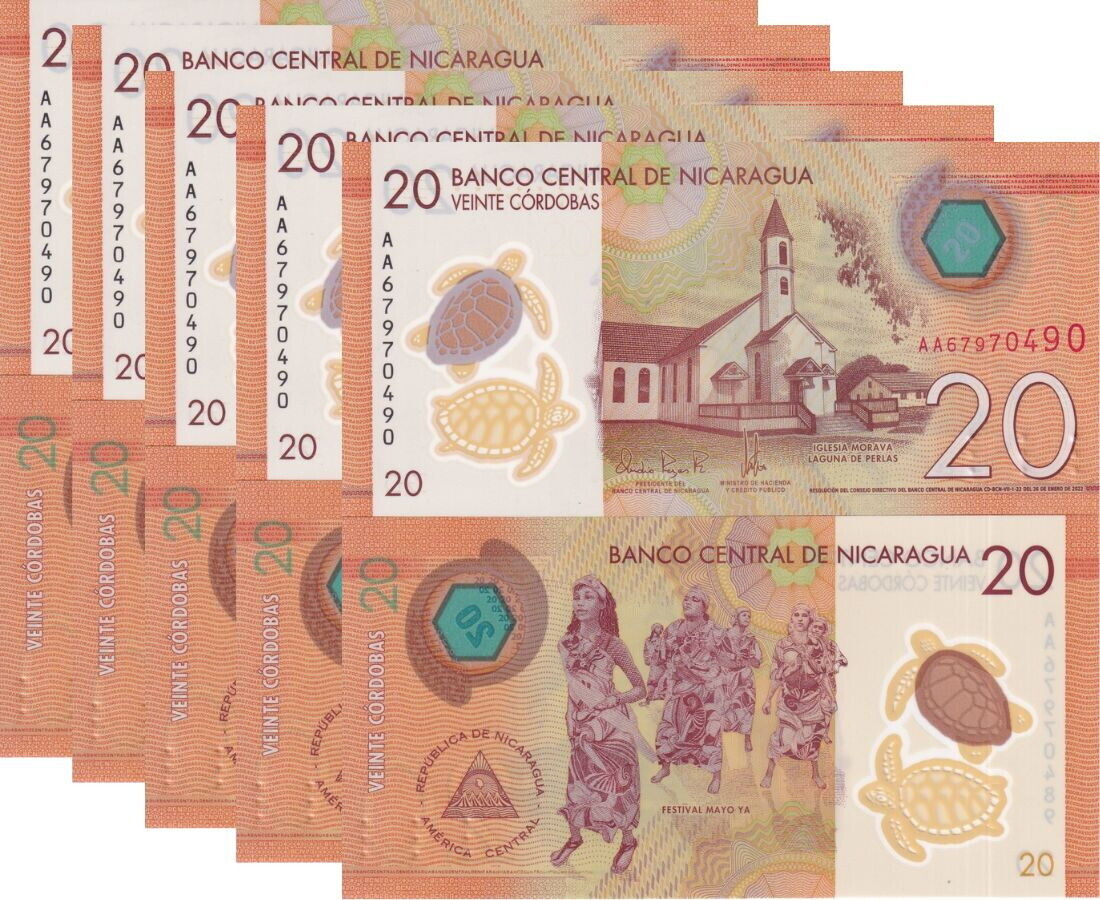 Nicaragua 20 Cordobas 2022 P 210 Polymer UNC LOT 5 PCS