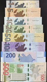 Azerbaijan SET 8 UNC 1 5 10 20 50 100 200 500 Manat 2018-2024 P 37 W38 - W43 W45