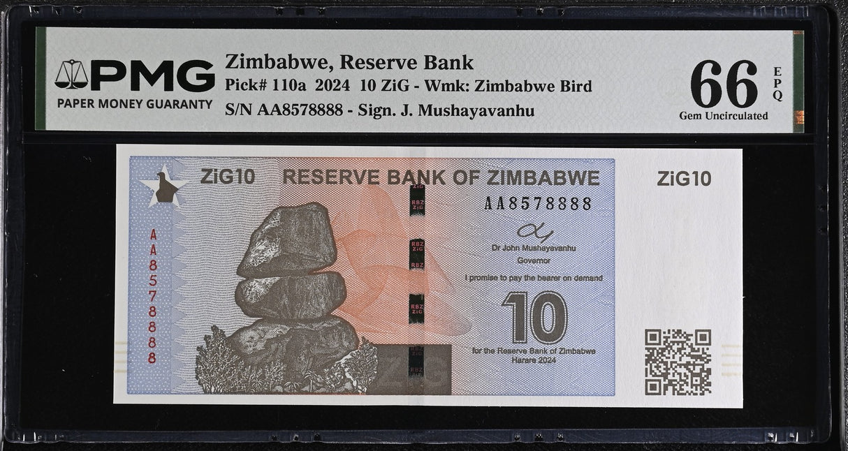 Zimbabwe 10 ZiG 2024 P 110 a # Nice 857-8888 Gem UNC PMG 66 EPQ
