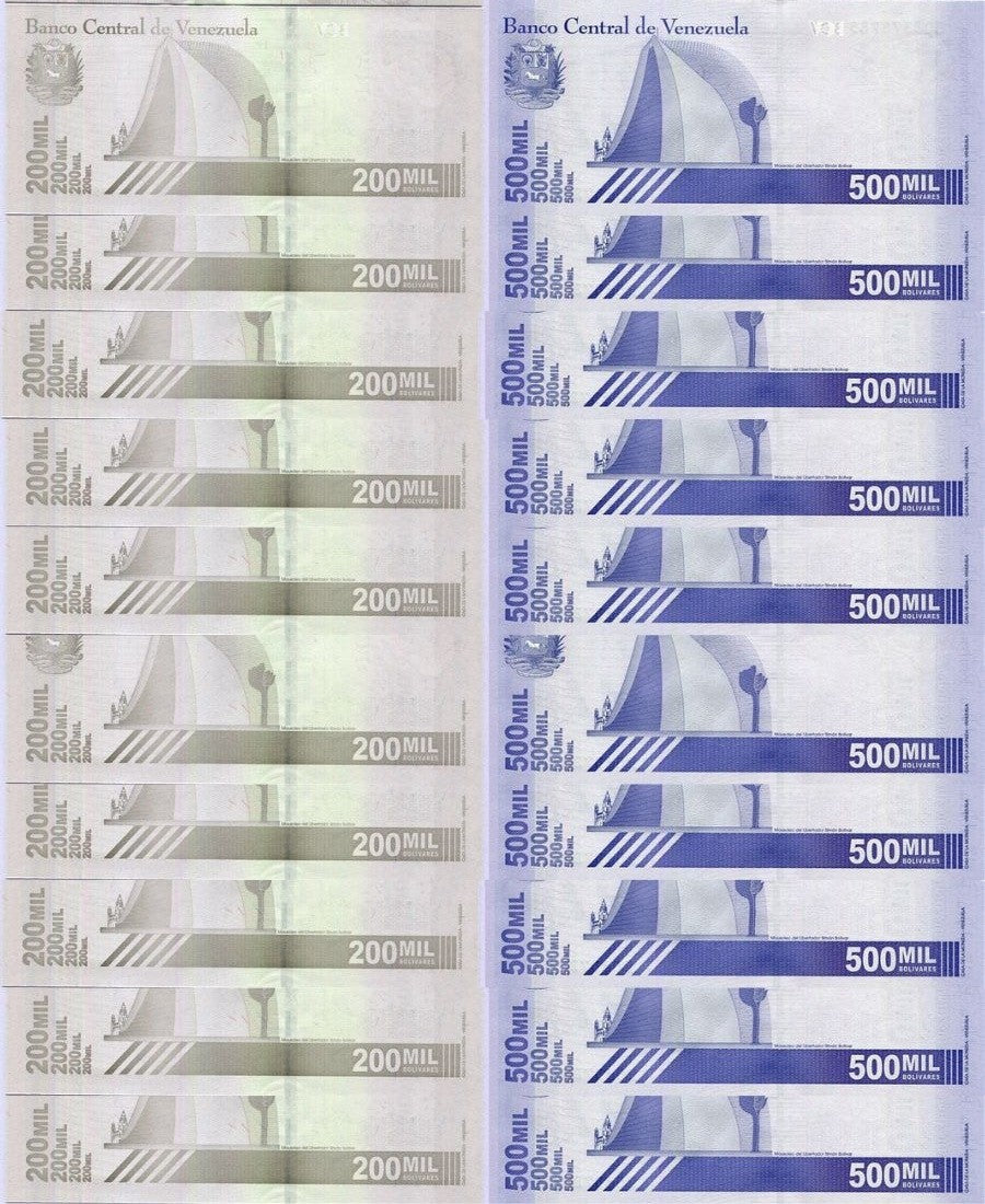 Venezuela Set 2 X 10 = 20 UNC 200000 500000 Bolivares 2020/2021 P 112 113