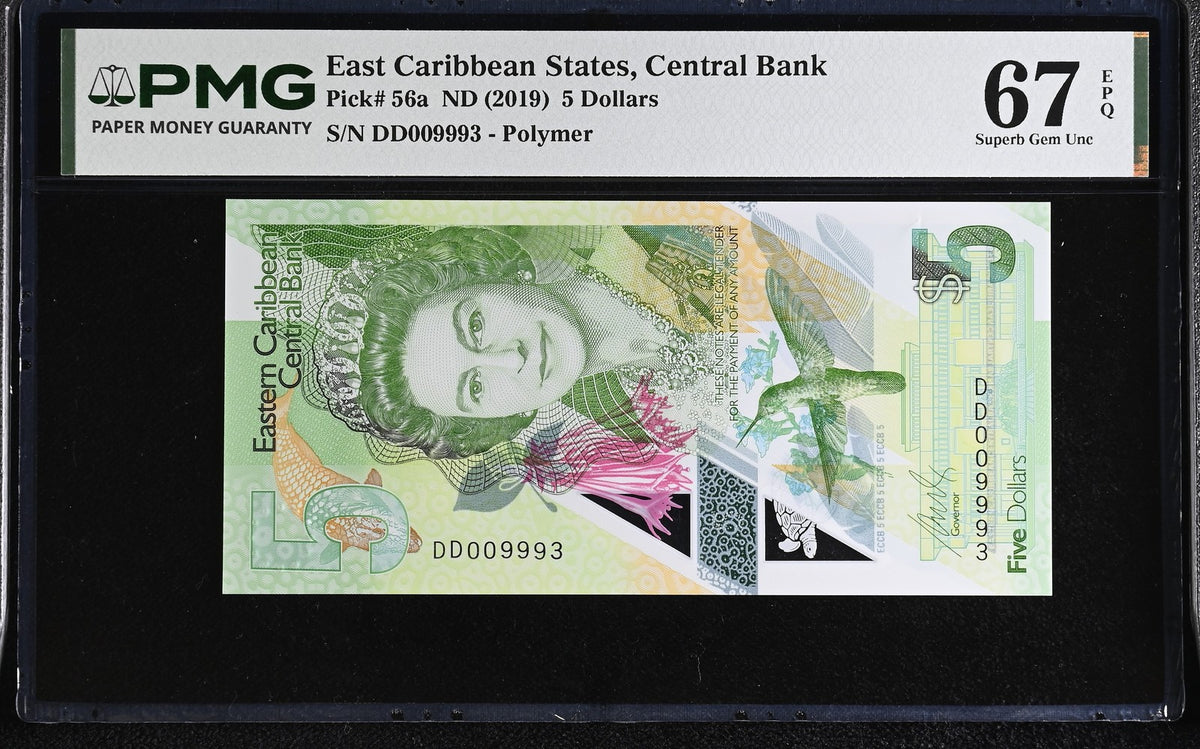 East Caribbean 5 Dollars ND 2019 P 56 a Superb Gem UNC PMG 67 EPQ , NICE 9993