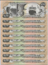 Guyana 20 Dollars ND 2018/2020 P 30 g UNC, Kaieteur Falls Lot 10 PCS