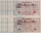 Germany SET 2x LOT 5= 10 PCS 1000 Mark 1910 Green+Red Seal P 44 45 Fine Circulat