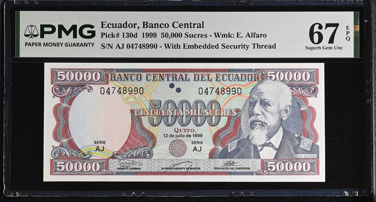 Ecuador 50000 Sucres 1999 P 130 d Superb Gem UNC PMG 67 EPQ WTM E. Alfaro