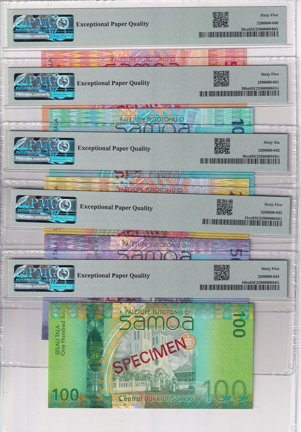 Samoa SET 5; 5 10-100 Tala ND 2017 P 38- 41 P 44 Specimen Gem UNC PMG 65 66 EPQ
