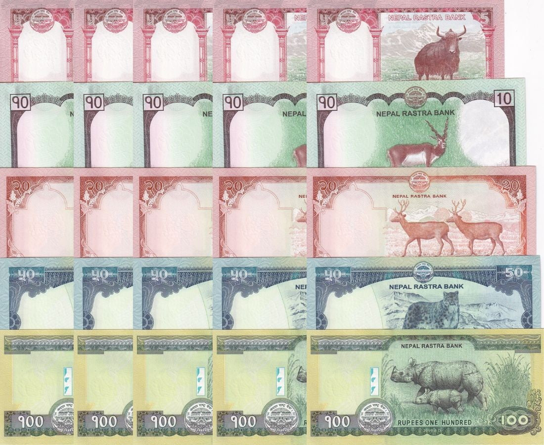 Nepal Set 5 X LOT 5 SET=25 UNC 5 10 20 50 100 Rupees Random Date P 76 77-80