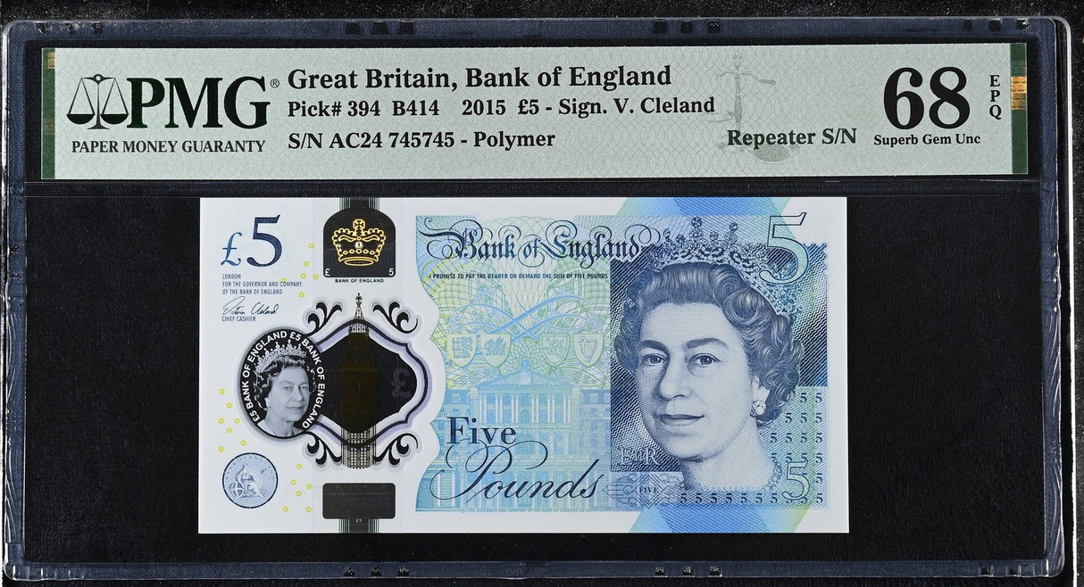 Great Britain 5 Pounds 2015 P 394 Repeater Polymer Superb Gem UNC PMG 68 EPQ