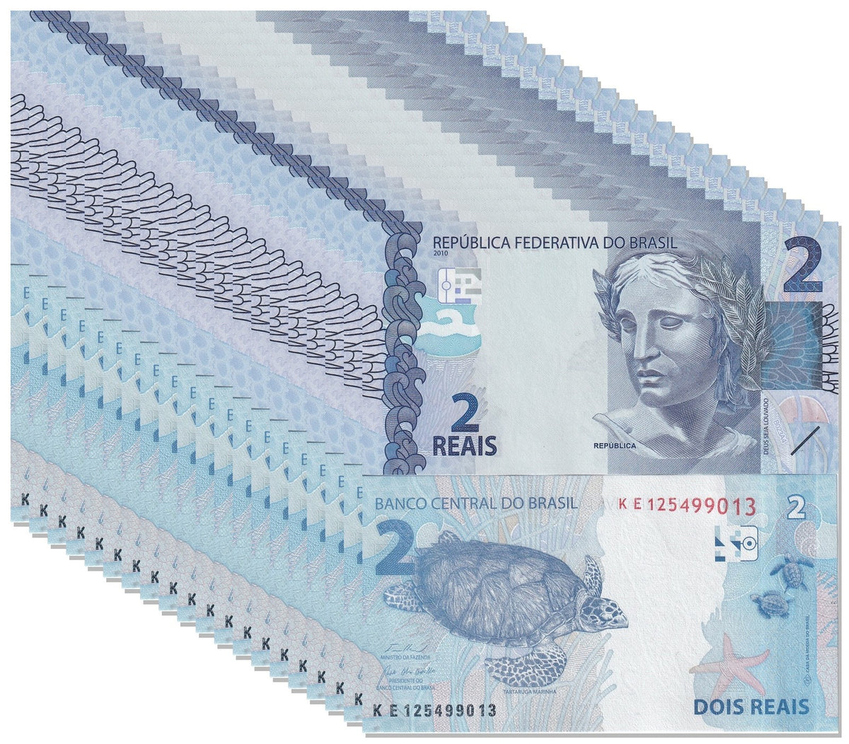 Brazil 2 Reais ND 2010 (2024) New Sign P 252 g UNC LOT 20 PCS ,Sea turtle