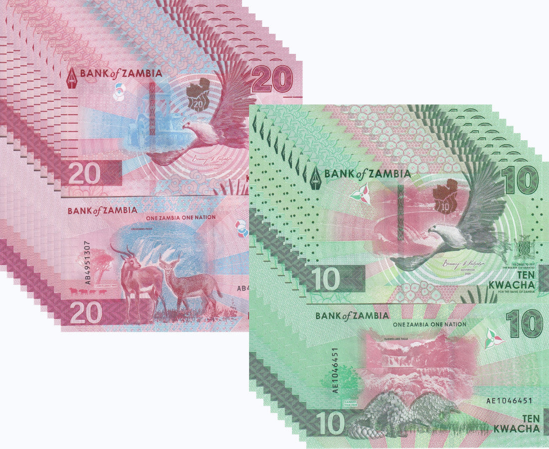 Zambia Set 2 UNC 10 20 Kwacha 2024 2025 P 62 63 LOT 10 Sets = 20 Pcs