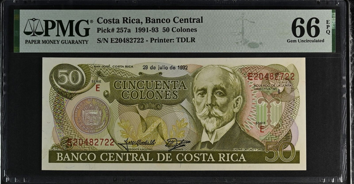Costa Rica 50 Colones 1992 P 257 a Gem UNC PMG 66 EPQ