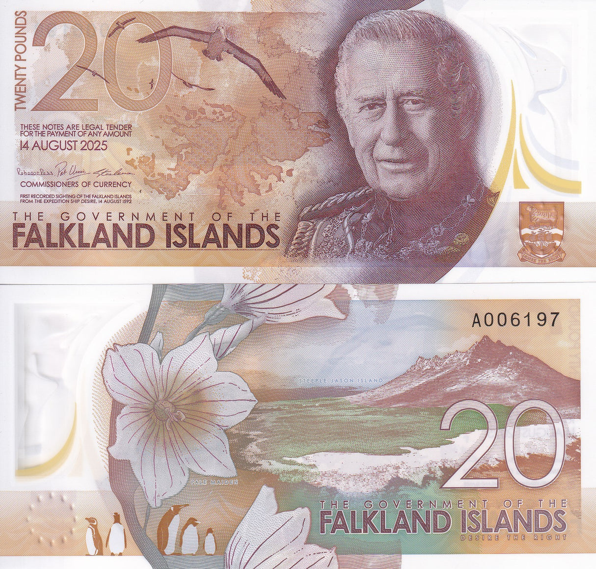 Falkland Islands 20 Pound 2025 P 22 NEW Polymer King Charles III UNC