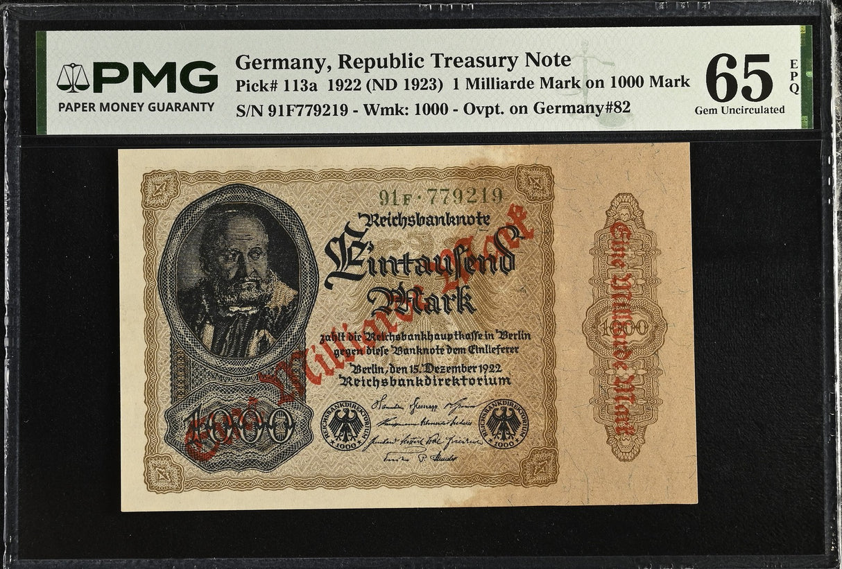 Germany Treasury 1000 Mark 1922 ND 1923 P 113 a Gem UNC PMG 65 EPQ